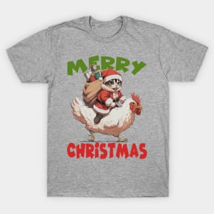 Merry Christmas - 2, Funny Cute Cat on a Chicken T-Shirt